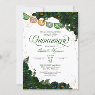 Emerald Green Rose & Gold Papado Picado Quinceañer Einladung