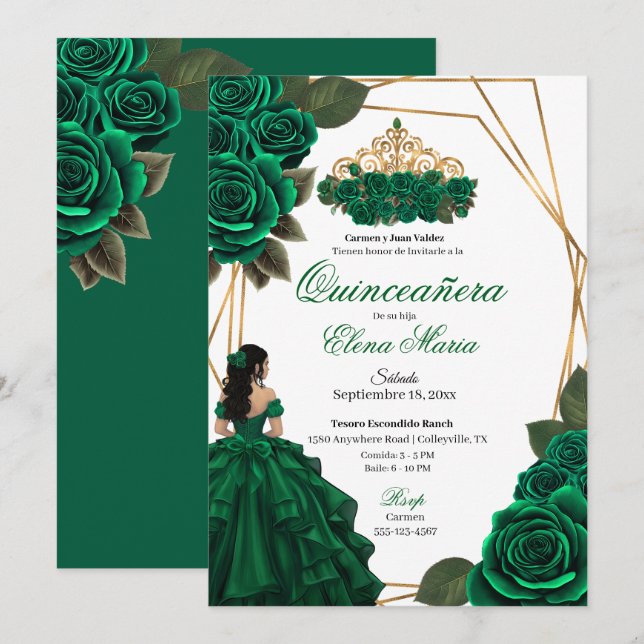 Emerald Green Rose Gold Quinceañera Einladung (Vorne/Hinten)
