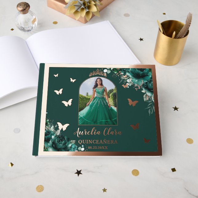 Emerald Green Rose Gold Quinceñera Foto Gästebuch (Vorderseite offen)