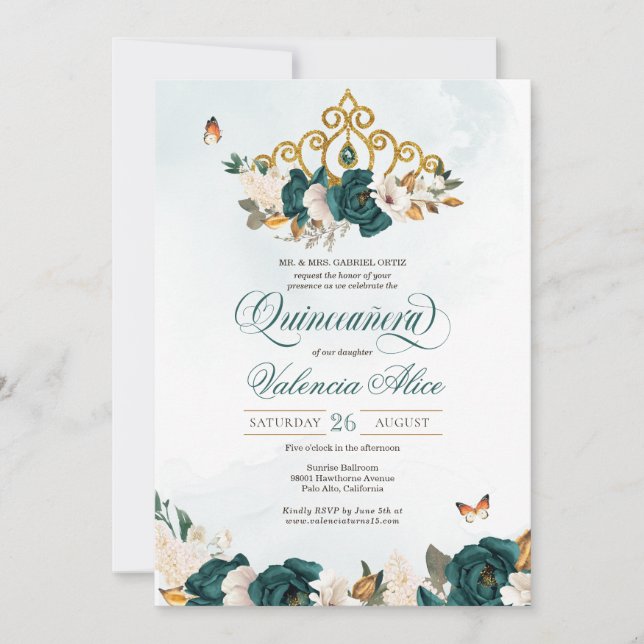 Emerald Green Rose Gold Tiara Butterfly Quince Einladung (Vorderseite)
