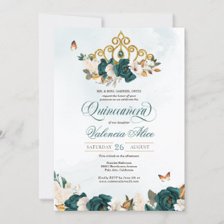 Emerald Green Rose Gold Tiara Butterfly Quince Einladung