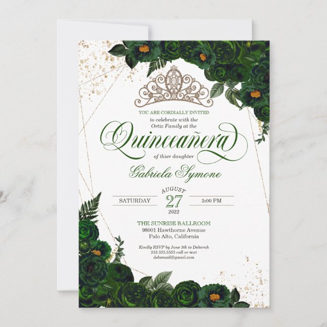 Emerald Green Rose Gold Tiara Elegantes Quinceañer Einladung (Vorderseite)