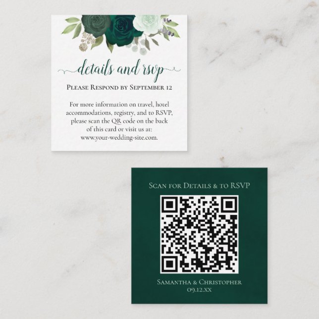 Emerald Green Rose Hochzeitdetails & UAWG QR-Code Begleitkarte (Vorne/Hinten)