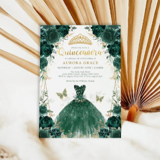 Emerald Green Rose Quinceañera Princess Dress Inv Einladung