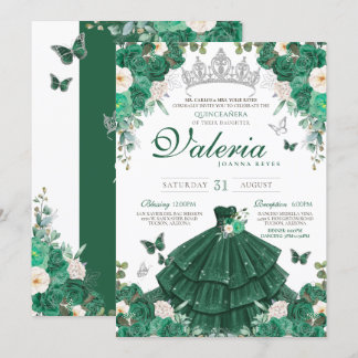 Emerald Green Rose & Silver Butterfly Quinceanera Einladung