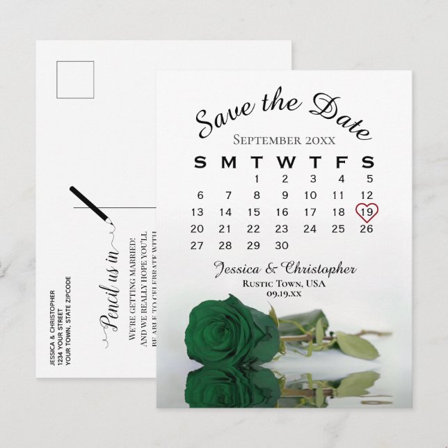 Emerald Green Rose Wedding Calendar Save the Date Ankündigungspostkarte (Vorne/Hinten)