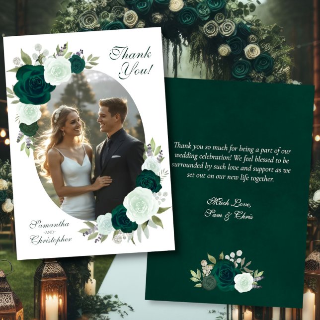 Emerald Green Roses Oval Photo Elegant Wedding Dankeskarte (Front/Back)