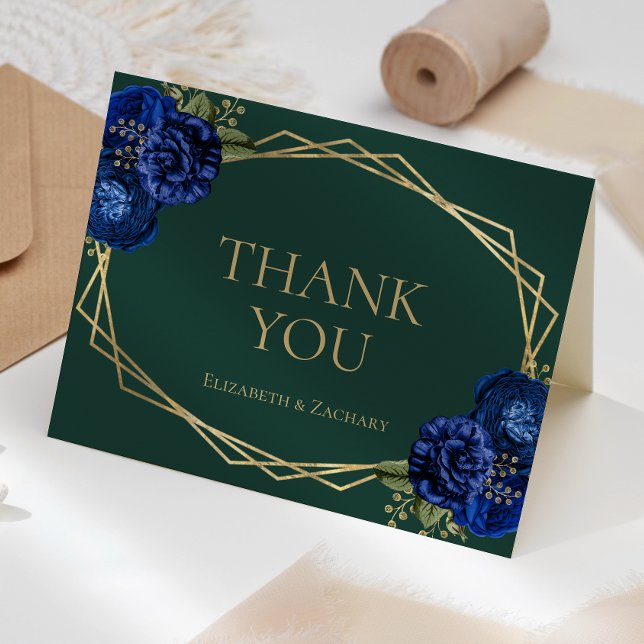 Emerald Green Royal Blue Floral Gold Geo Wedding Dankeskarte (Von Creator hochgeladen)