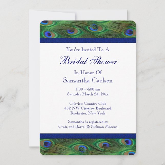 Emerald Green Royal Blue Peacock Brautparty Einladung (Vorderseite)