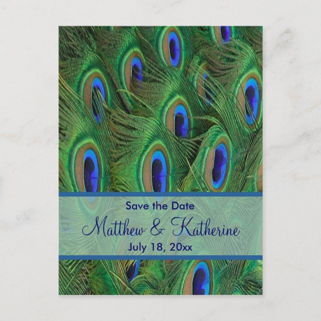 Emerald Green Royal Blue Peacock Feathers Wedding Ankündigungspostkarte (Vorderseite)