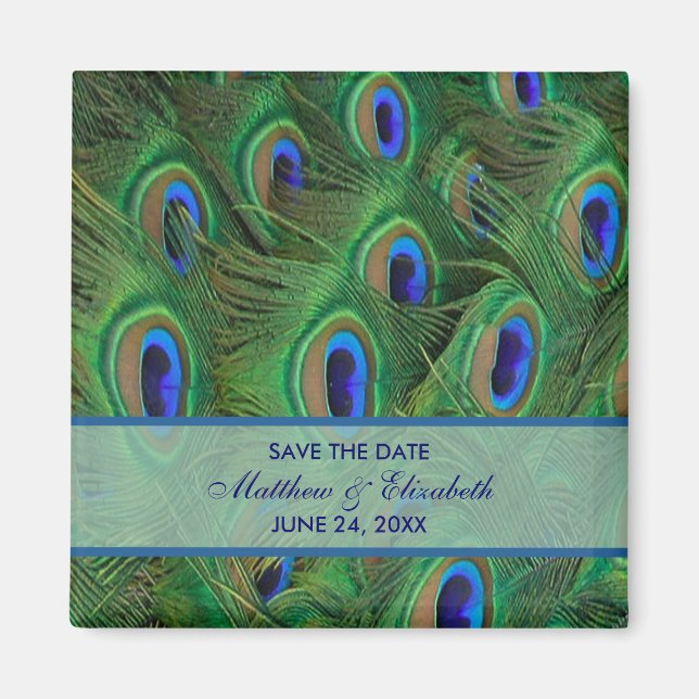 Emerald Green Royal Blue Peacock Feathers Wedding Magnet (Vorne)