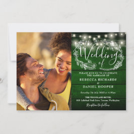 Emerald Green Rustic 2 Foto String Lights Wedding Einladung