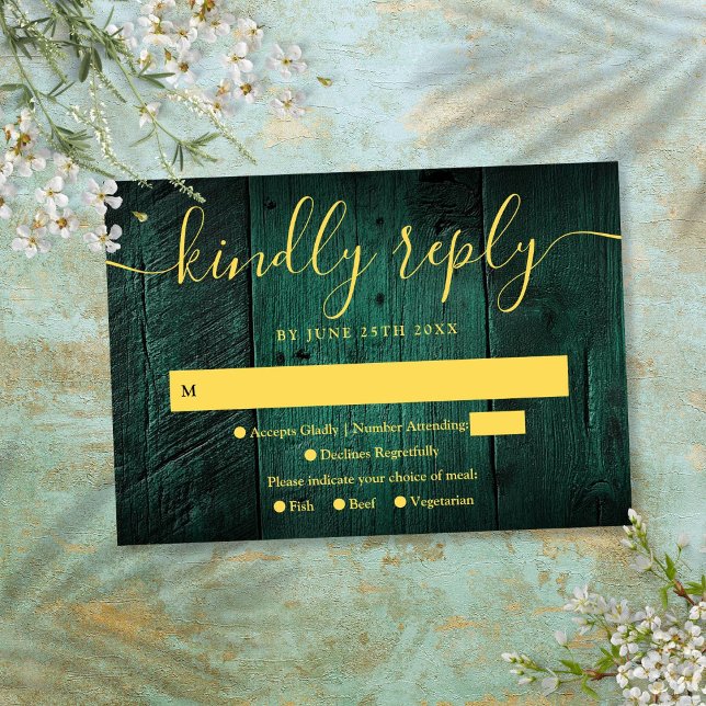 Emerald Green Rustic Barn Wood Boho Wedding RSVP Karte (Emerald Green Rustic Barn Wood Boho Wedding RSVP)