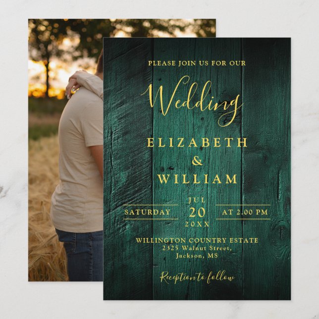 Emerald Green Rustic Boho Barn Wood Foto Wedding Einladung (Vorne/Hinten)