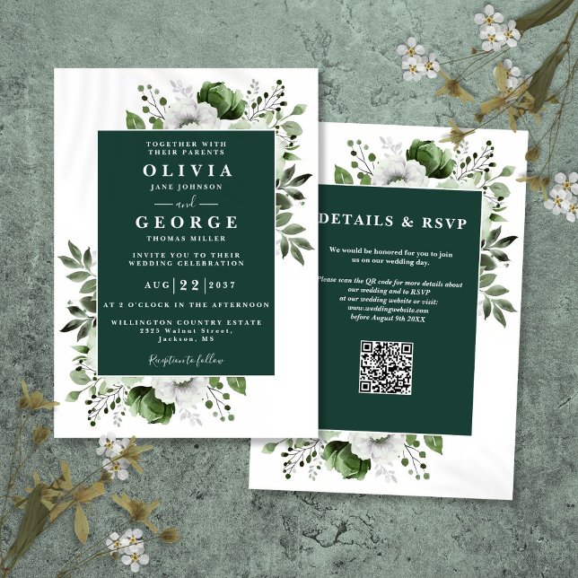Emerald Green Rustic Floral QR Code Hochzeit Einladung (Emerald Green Rustic Floral QR Code Wedding Invitation)