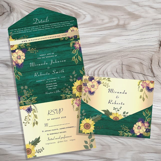 Emerald Green Rustic Floral Wedding All In One Einladung (Von Creator hochgeladen)