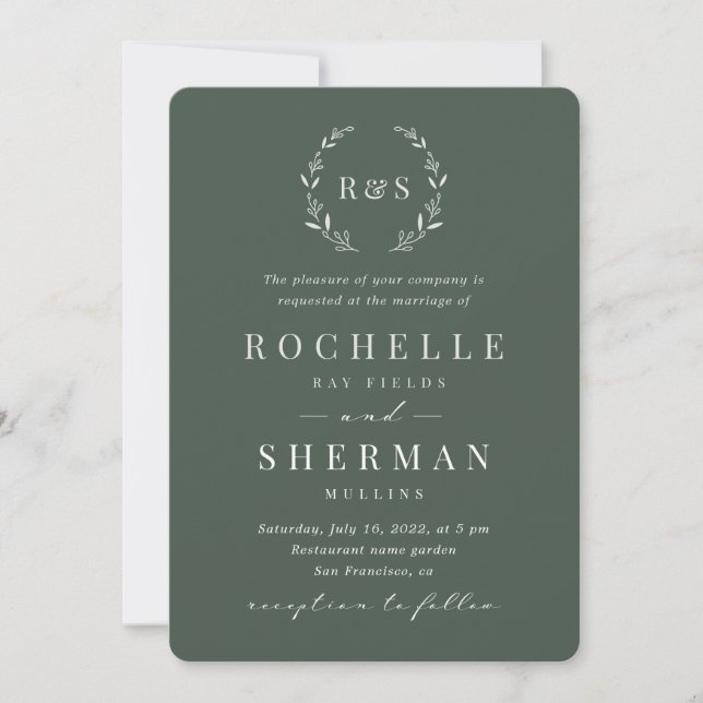 Emerald Green Rustic Leaf Simple Monogram Wedding Einladung (Vorderseite)