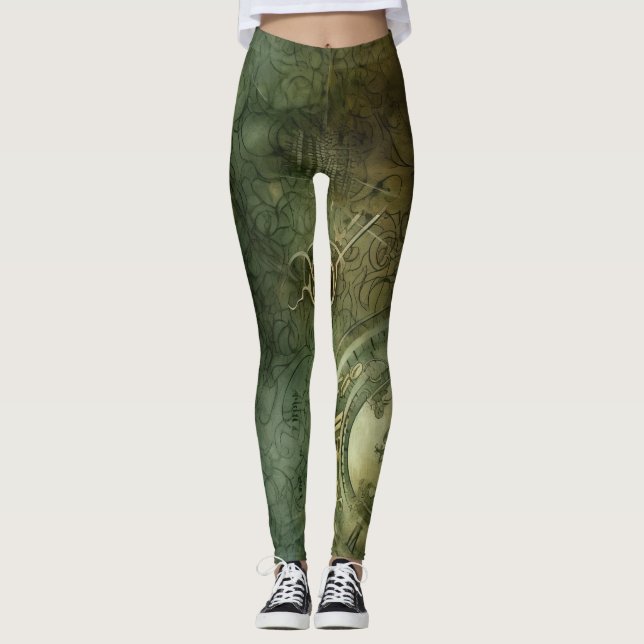 Emerald Green Rustic Steampunk Clock (5) Leggings (Vorderseite)