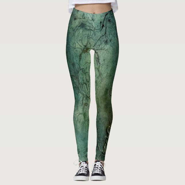 Emerald Green Rustic Steampunk Clock (8) Leggings (Vorderseite)
