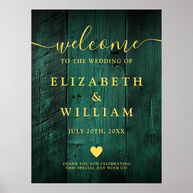 Emerald Green Rustic Wood Wedding Willkommenszeich Poster (Vorne)