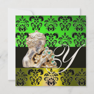 EMERALD GREEN, SCHWARZ, WEISS DAMASK JEWEL MONOGRA EINLADUNG