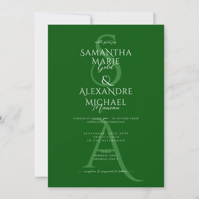 Emerald Green Script Contemporary Monogram Wedding Einladung (Vorderseite)
