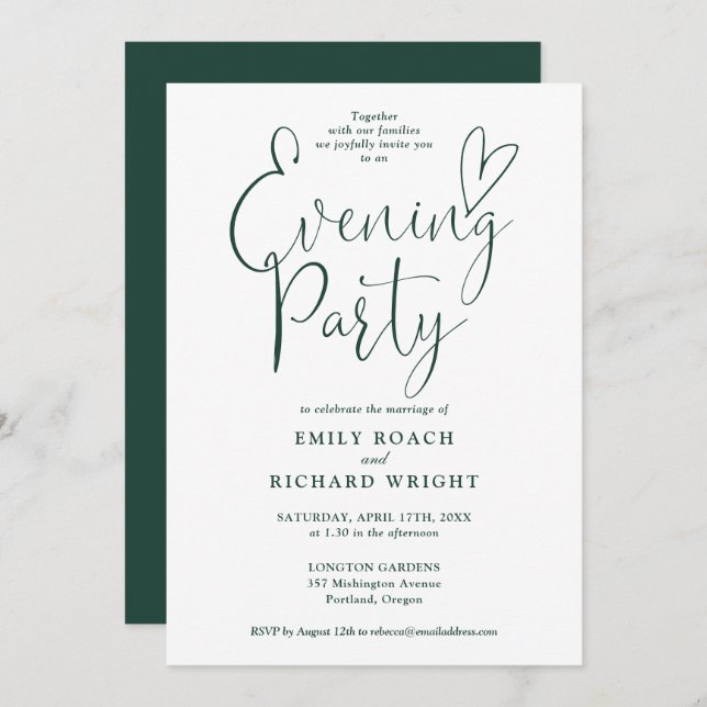 Emerald Green Script Wedding Abend Party Einladung (Vorne/Hinten)