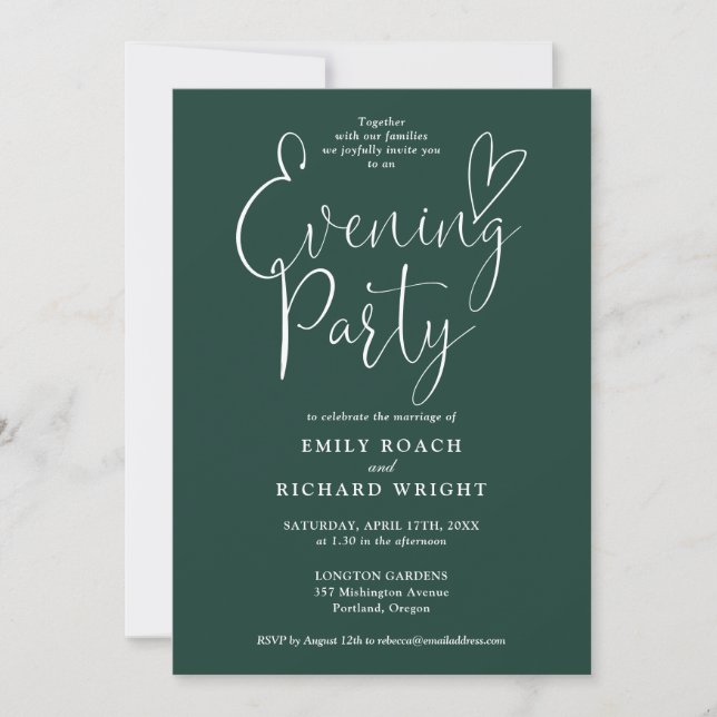 Emerald Green Script Wedding Abend Party Einladung (Vorderseite)