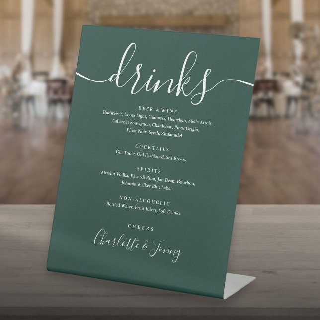 Emerald Green Signature Script Wedding Drinks Menü Sockelschild (Emerald Green Signature Script Wedding Drinks Menu Pedestal Sign)