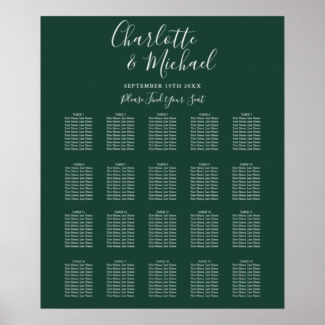 Emerald Green Signature Wedding Seating Chart Poster (Vorne)