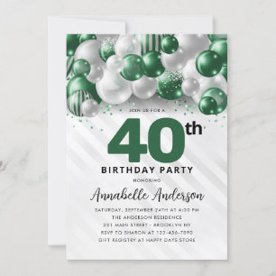 Emerald Green Silver Balloon Glitzer 40. Geburtsta Einladung