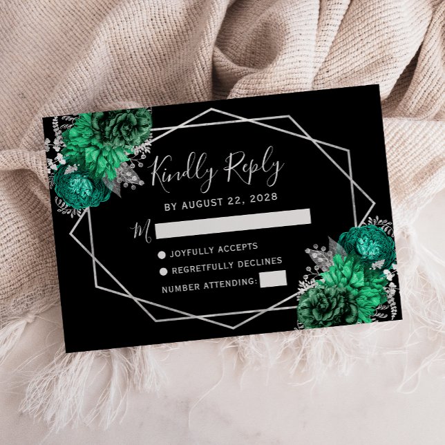 Emerald Green Silver Floral Geometric Black RSVP Karte (Von Creator hochgeladen)