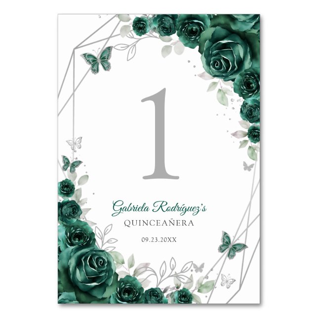 Emerald Green Silver Floral Quinceanera Tischnummer (Vorderseite)