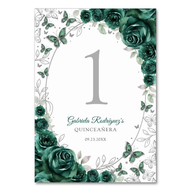 Emerald Green Silver Floral Quinceanera Tischnummer (Vorderseite)
