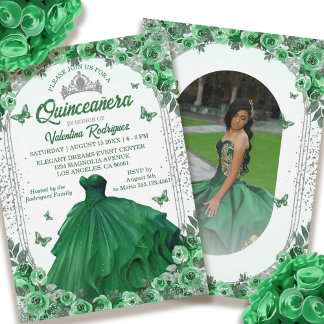 Emerald Green Silver Glitzer Floral Quinceanera Einladung