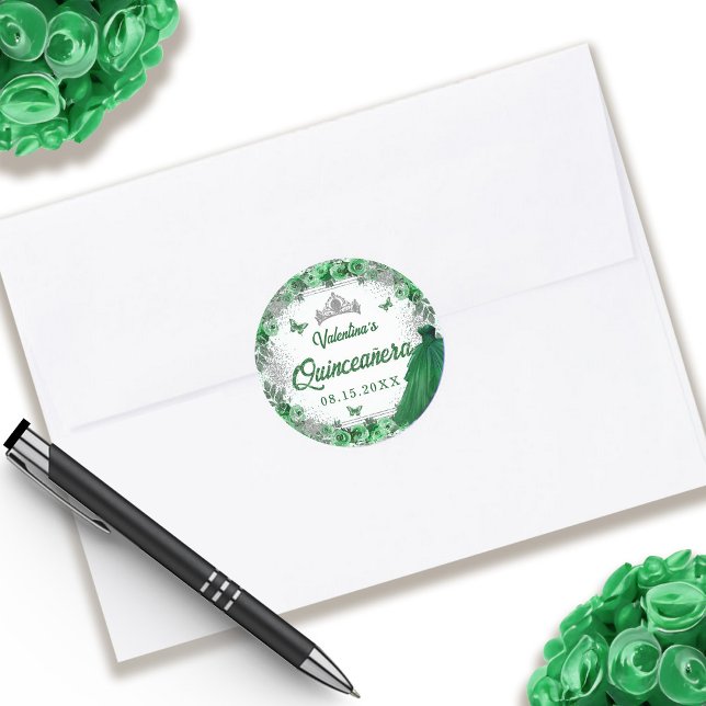 Emerald Green Silver Glitzer Floral Quinceanera Runder Aufkleber (Emerald Green Silver Glitter Floral Quinceanera Classic Round Sticker)