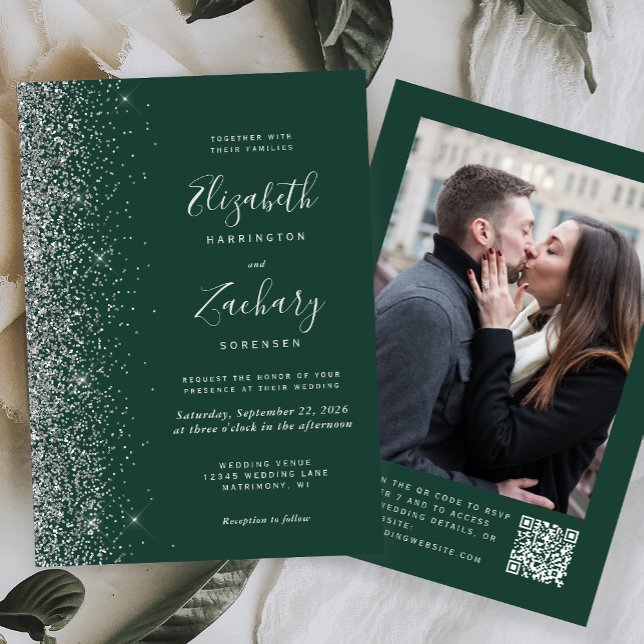 Emerald Green Silver Glitzer Foto QR Code Hochzeit Einladung (Von Creator hochgeladen)