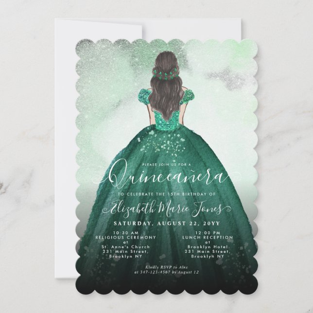 Emerald Green Silver Glitzer Princess Quinceañera Einladung (Vorderseite)