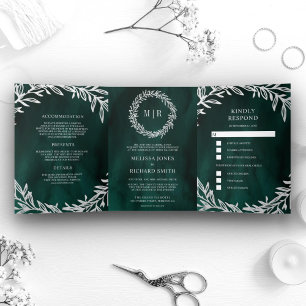 Emerald Green Silver Leaf Branch 3 in 1 Hochzeit Dreifach Gefaltete Einladung