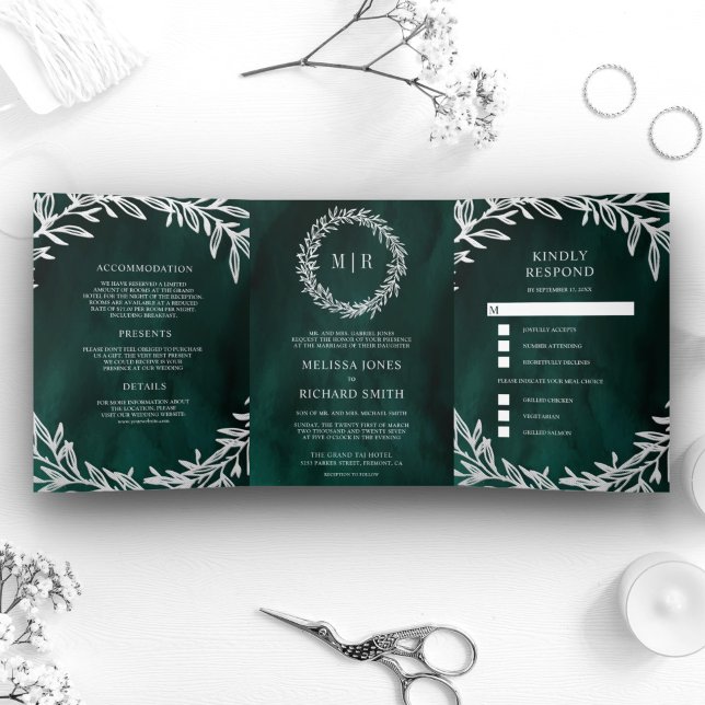 Emerald Green Silver Leaf Branch 3 in 1 Hochzeit Dreifach Gefaltete Einladung (Von Creator hochgeladen)