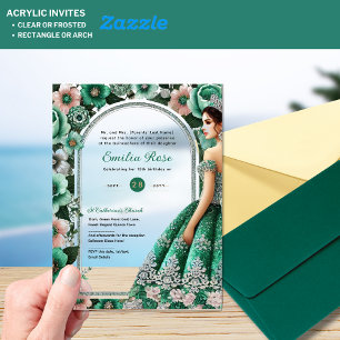 Emerald Green Silver Quince Dress Blume Tiara Acryleinladungen