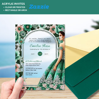 Emerald Green Silver Quince Dress Blume Tiara Acryleinladungen