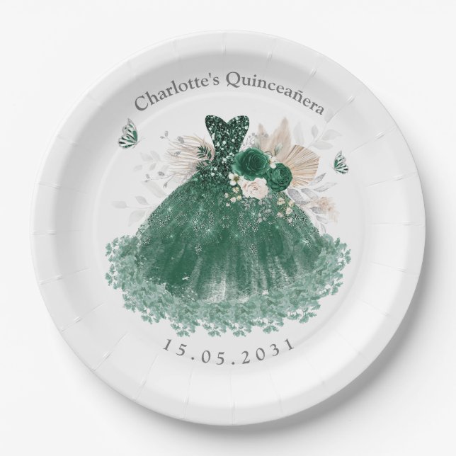 Emerald Green Silver Quinceanera Princess Dress Pappteller (Vorderseite)