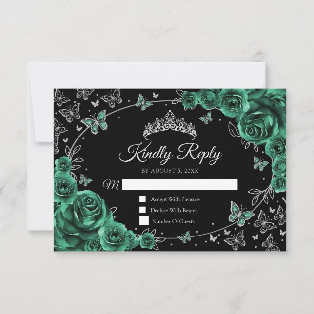 Emerald Green Silver Quinceanera Reply RSVP Karte (Vorderseite)