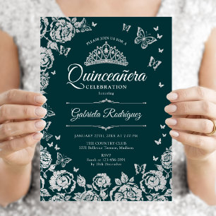 Emerald Green Silver Rose Butterfets Quinceanera Einladung