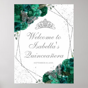 Emerald Green & Silver Tiara Quinceanera Poster