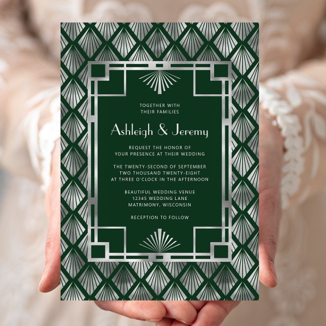 Emerald Green Silver Vintag Deko Pattern Wedding Einladung (Von Creator hochgeladen)