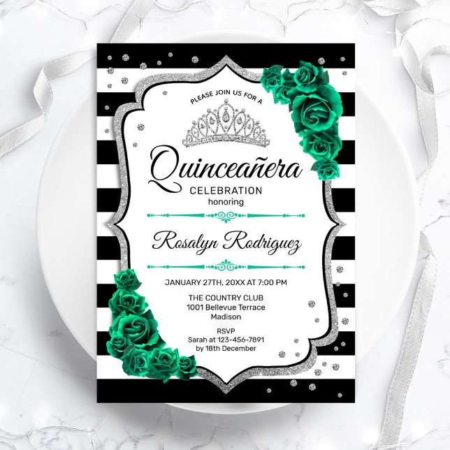 Emerald Green Silver White Quinceanera Einladung (Von Creator hochgeladen)