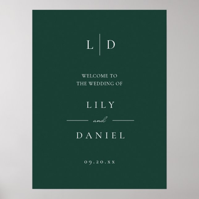 Emerald Green Simple Monogram Mariage Affiche de b (Devant)