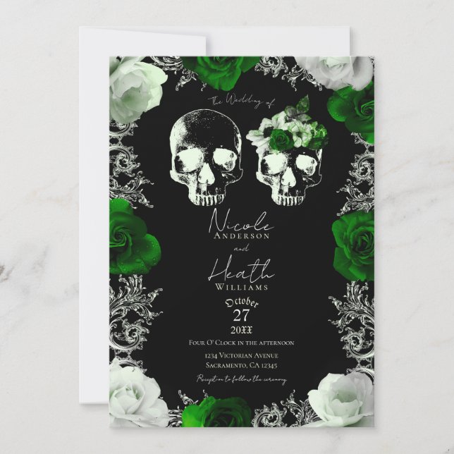 Emerald Green Skeleton Skull Rose Gothic Wedding Einladung (Vorderseite)